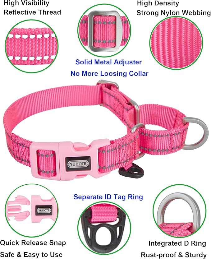 Reflective Martingale Collar for Dogs with Quick Snap Buckle Anti-Pull Nylon Safe Slip Collars for Easy Walking,Hot Pink,Small
