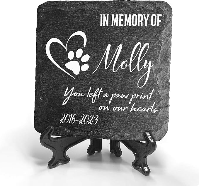 Personalized Individual Square Memorial Plaque + Stand for Pet Cat Dog Slate Stone Frame Paw Grave Marker - Size 3.94" x 3.94" or 100 x 100 mm - Paw Print
