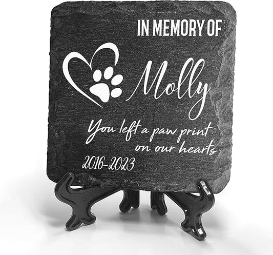 Personalized Individual Square Memorial Plaque + Stand for Pet Cat Dog Slate Stone Frame Paw Grave Marker - Size 3.94" x 3.94" or 100 x 100 mm - Paw Print