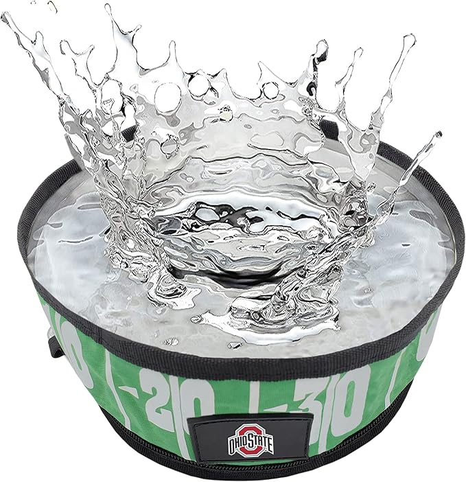 Pets First NCAA Ohio State Buckeyes Collapsible Dog Travel Bowl, Food and Water Bowl for Dogs & Cats. Lightweight Leak-Proof Pet Bowl for Travel with Football Field & Pebble-Grain Design