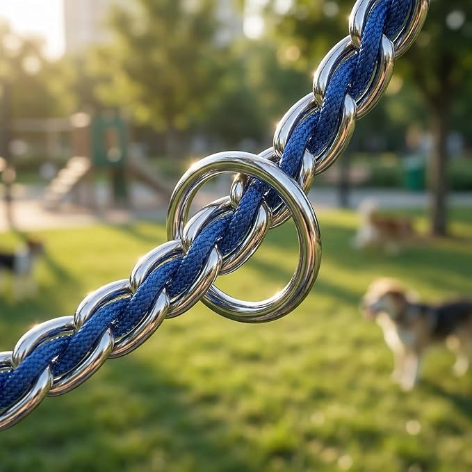 Chew Proof Metal Dog Leash with Built-in P-Chain Collar - 2FT/4FT for Small/Medium/Large Dogs (30-150lb), Anti-Bite Chain Link with Soft Padded Handle, 360° Rotating Clasp Blue