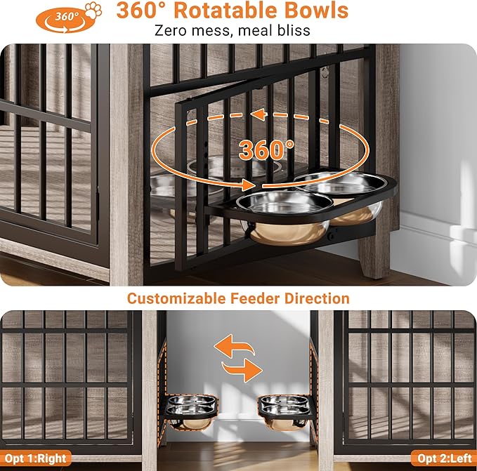 37.7" Dog Crate Furniture, Wooden Dog Kennel Indoor with 360° Rotating Feeder and 2 Adjustable Bowls, Multi-Functional Decorative Side End Table Dog Cage for Medium Dogs, Grey