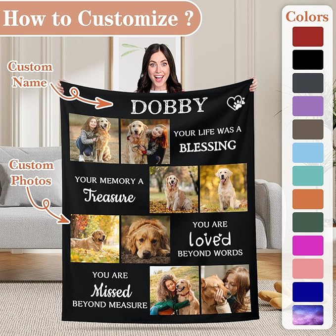 Pet Memorial Blanket Gift - Personalized Dog Memorial Blanket with Photo Name, Pet Sympathy Gifts for Dogs Lovers, Custom Loss of Dog Grief Blankets, Pets Remembrance Bereavement Gifts (8 Photos)