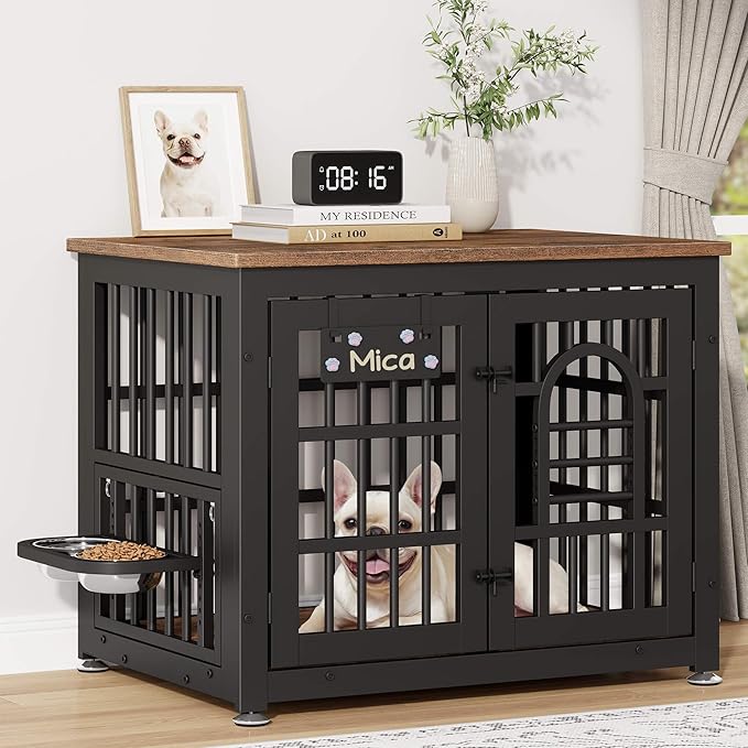 Dog Crate Furniture with Name Tag, Dog Kennel Indoor with 360° Rotating Feeder and Adjustable Heights Bowls, Wooden Decorative Pet Cage End Table for Small Dogs, Rustic Brown 31.5" L