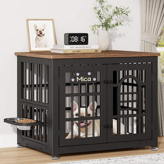 Dog Crate Furniture with Name Tag, Dog Kennel Indoor with 360° Rotating Feeder and Adjustable Heights Bowls, Wooden Decorative Pet Cage End Table for Small Dogs, Rustic Brown 31.5" L