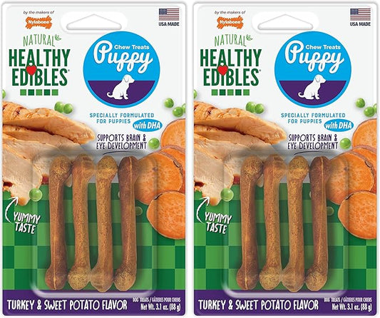 Nylabone Healthy Edibles Natural Puppy Chews Long Lasting Treats for Puppies, Turkey & Sweet Potato Flavor, X-Small/Petite (4 Count) (Pack of 2)