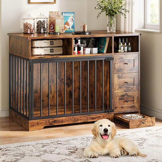 48'' Dog Crate Furniture, Farmhouse Heavy Duty Dog Kennel with Bowl & Storage Drawers, Medium Dog Cage End Table for Small Medium Dogs, Retro Brown