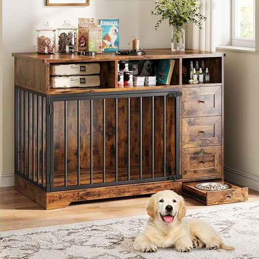 48'' Dog Crate Furniture, Farmhouse Heavy Duty Dog Kennel with Bowl & Storage Drawers, Medium Dog Cage End Table for Small Medium Dogs, Retro Brown