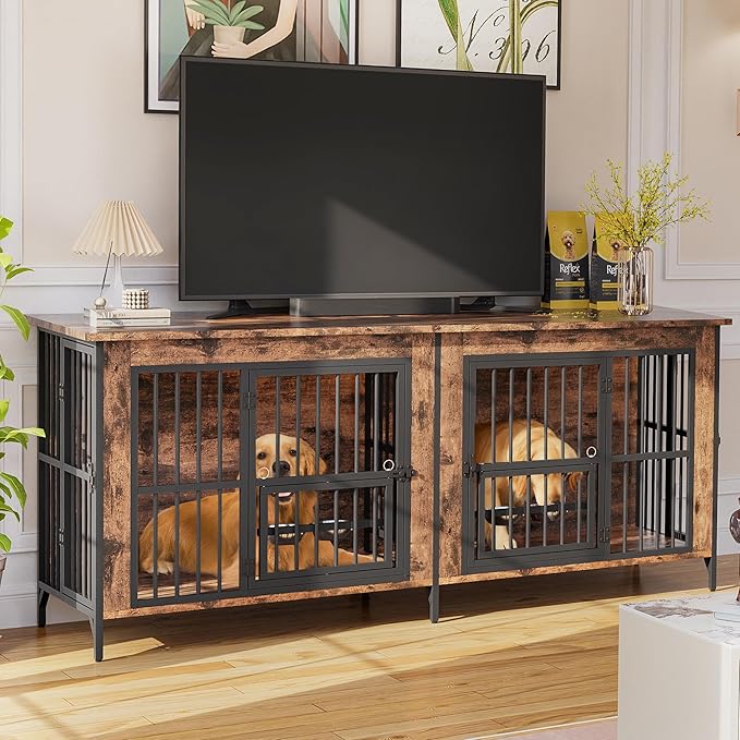 Grepatio 79" Double Dog Crate Furniture for 2 Dogs, Large Dog Kennel with 360° Rotating Feeder Bowls, Indoor Double Dogs Crates with 4 Doors, Wooden Dog Crate TV Stand with Removable Divider