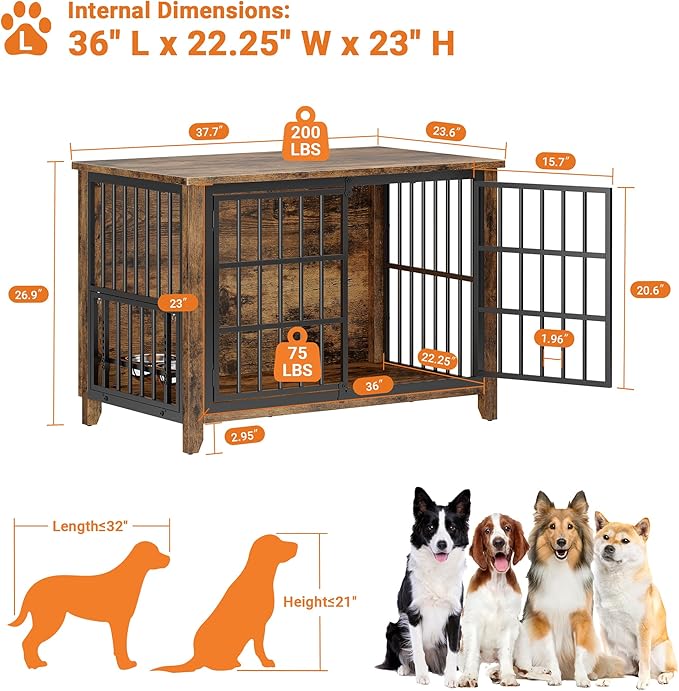 37.7" Dog Crate Furniture, Wooden Dog Kennel Indoor with 360° Rotating Feeder and 2 Adjustable Bowls, Decorative Side End Table Dog Cage for Medium Dogs, Rustic Brown