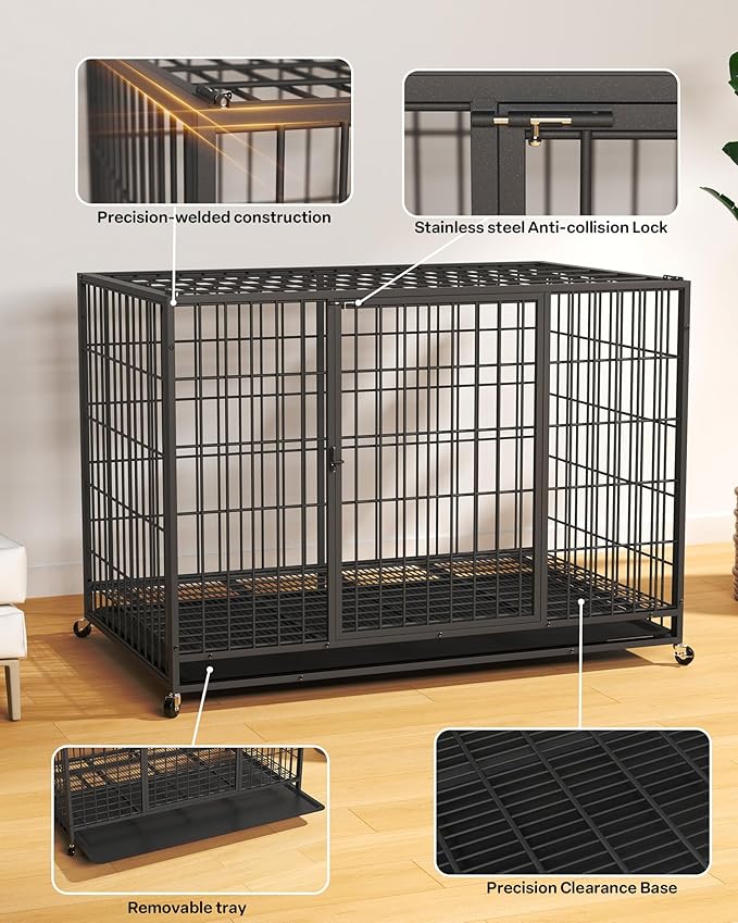 48 Inch Large Dog Crate, Escape Proof Dog Cage with Dual Door Lock and Swivel Casters,Removable Tray for Easy Cleaning, Dog Kennel Indoor Outdoor Use