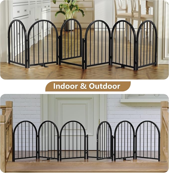 Full Metal Dog Gate with Door for Indoor Outdoor, 24" Tall Free Standing Pet Dog Fence, 108" Extra Wide Pet Gates for Stairs, Hallways, Doorways, Kitchen, Decks, Yards (Black, 6 Panels)