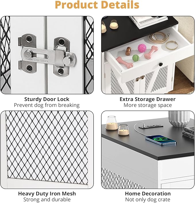 VOWNER Dog Crate Furniture, Wooden Dog Kennel End Table with USB Charging Station, Storage Drawer, Double Latched Door, Furniture-Style Crate Side Table for Medium Dogs Under 40 lbs Indoor Use, White