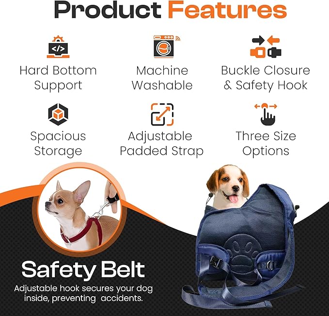 Small Dog Sling Carrier Bag, Hands-Free Dog Carrier Sling with Safety Buckle, Breathable Mesh, Adjustable Strap, Padded Back, Storage Pockets, Pet Carrier for Dogs, Cats, Puppies up to 8–10 lbs