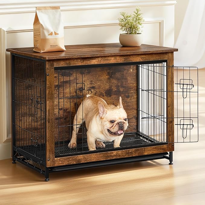 Feandrea 32.5" Dog Crate Furniture, Indoor Dog Cage Side End Table, L Pet Wood Kennel for Large and Medium Dogs up to 45 lb with Multi-Purpose Removable Tray, Double-Door Pet House, Rustic Brown