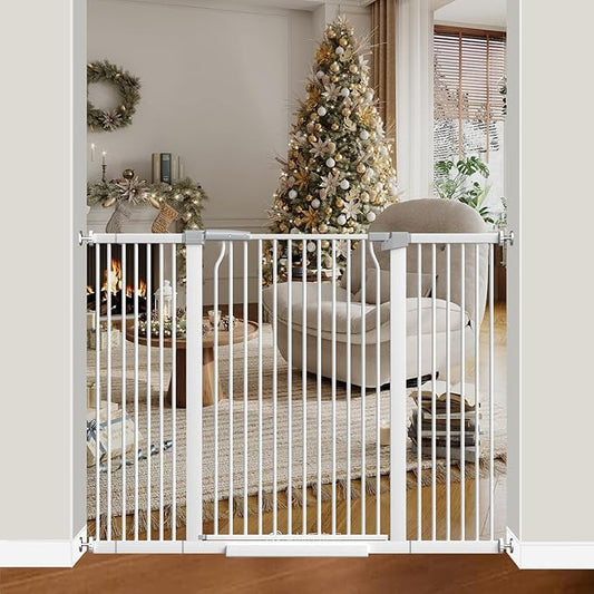 41" Extra Tall Cat Gate for Doorway, 40.6-54.7 Metal Pet Baby Safe Gate, Extra Wide Pressure Mounted Child Door with Expansion Kit, No Drilling No Climb Cat Fence Indoor, Tall Dog Gate, White
