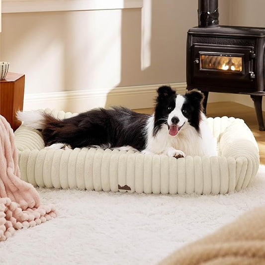 Bedsure ComfyFleece™ Cute Dog Bed for Extra Large Dogs - Washable Furry XL Pet Beds, Rectangle Orthopedic Corduroy Fleece Pet Beds with Removable Zipper Cover, 43x30x8inches, Cream