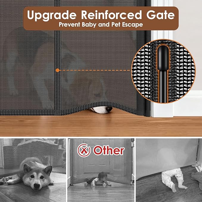 Reinforced 48" Extra Tall Pet Gate with Support Rods, 4 Ft Tall Retractable Baby Gates for Doorways 55" Wide Mesh Dog Gate Indoor Outdoor - Prevent Baby/Pet from Jumping Over, Black