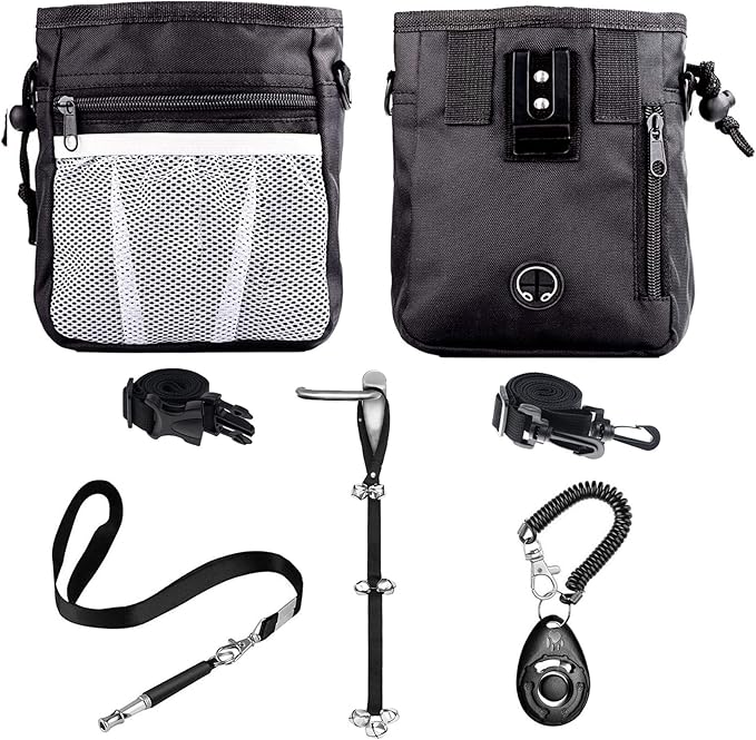 4-in-1 Dog Training Set, Puppy Training Treats- Dog Treat Training Pouch, Dog Whistle, Dog Doorbells, Dog Clicker, Ideal Gift for First Time Pet Owners, Training Dog Owners (Black)