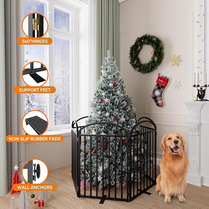 6 Panels Full Matel Freestanding Dog Gates with Door, 144"Extra Wide 32"Tall Free Standing Dog Pet Gate for Indoor & Outdoor. Foldable Pet Fences for Doorways, House, Stairs, Porch, Deck, Yard