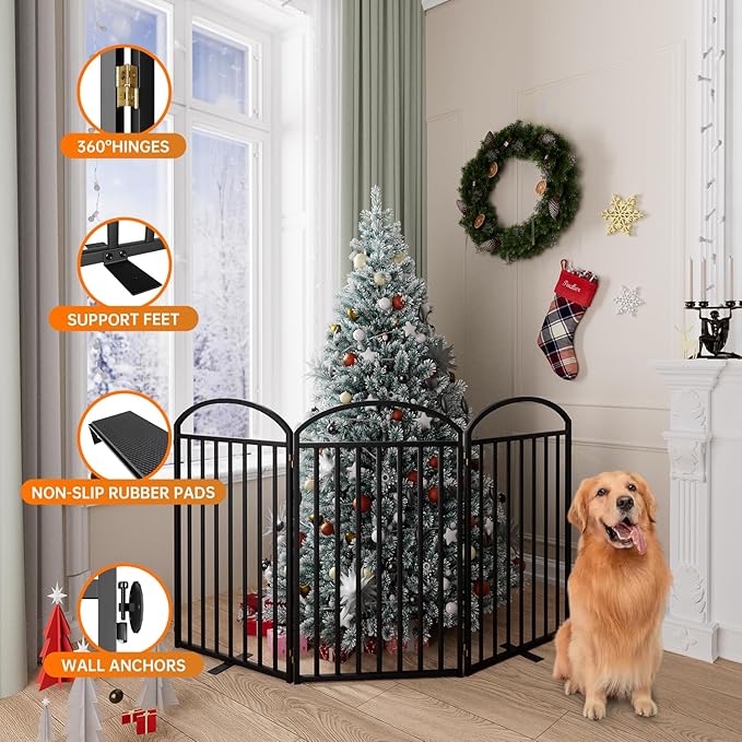 3 Panels Full Matel Freestanding Dog Gates, 72" Extra Wide 36" Tall Free Standing Dog Pet Gate for Indoor & Outdoor. Foldable Pet Fences for Doorways, House, Stairs, Porch, Deck, Yard