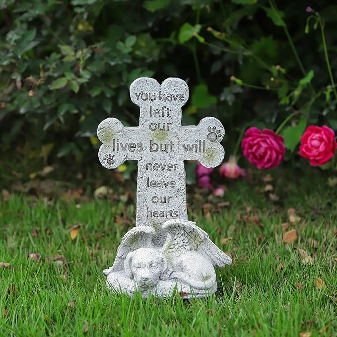 Memorial Statue - Sleeping Dog Angel Cross Tombstone, Grave Marker for Deceased Pet, Loss of Dog Memorial Sympathy Gift - Polyresin, Stone Finish, 8.27 Inch