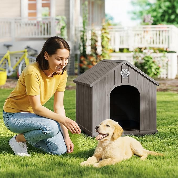DRATO Indoor & Outdoor Dog Houses, Resin Material Pet Shelter with Waterproof Feature and Ventilated Design,Gray