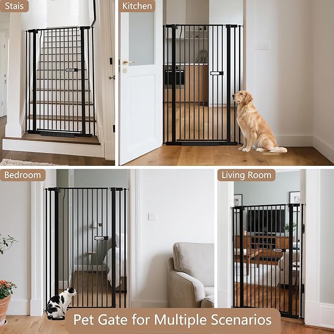 61" Extra Tall Dog Gate Indoor for Doorways, 30.1-33.8" Wide Auto Close Cat Pet Gate Indoor for Stairs, No Drilling High Pressure Mounted for Hallways/Kitchen, Narrow Bar Spacing, Black