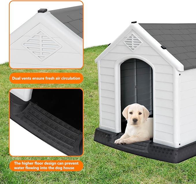 Large Plastic Dog House Indoor Outdoor Doghouse Dog Kennel Easy to Assemble Puppy Shelter with Air Vents Elevated Floor Waterproof (Grey, 28inch)