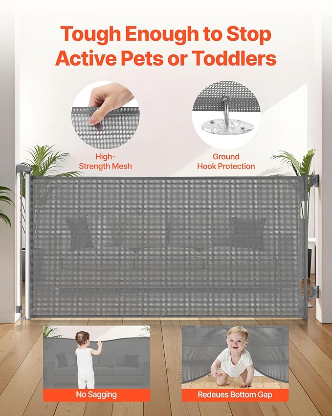 VEVOR Retractable Baby Gate, Extends to 56.3 inch Wide, 31.3 inch Tall, with Security Lock, Easy to Use, Walk Through Without Tripping, Mesh Dog Gate for Stairs, Hallways, Indoor/Outdoor, Gray