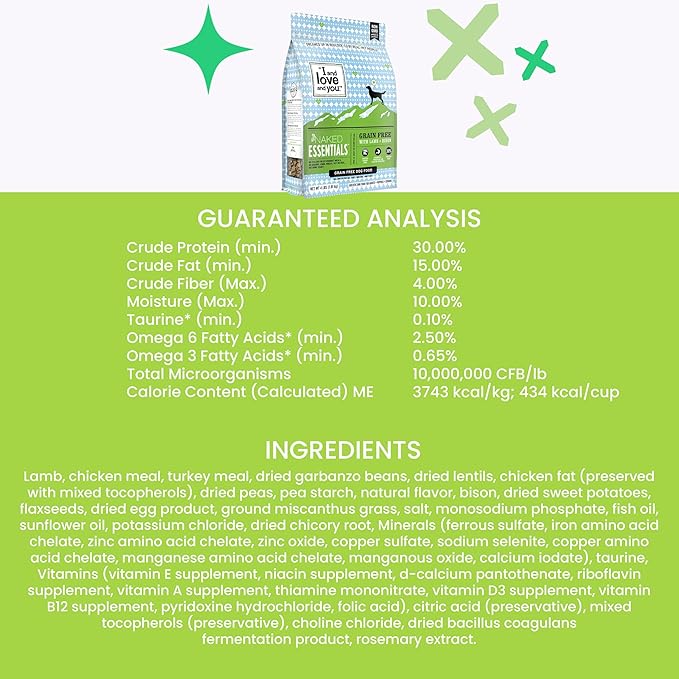 I and love and you Naked Essentials Dry Dog Food - Lamb + Bison - High Protein, Real Meat, No Fillers, Prebiotics + Probiotics, 4lb Bag
