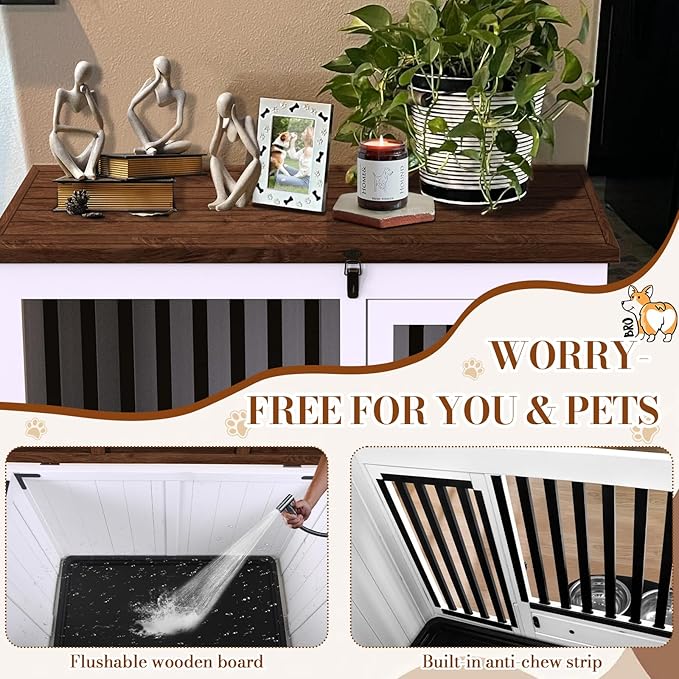 Dog Crate Furniture for Small and Medium Dogs, Decorative Wooden Dog Cage Indoor Pet House Side Table with 360° Swivel Feeder