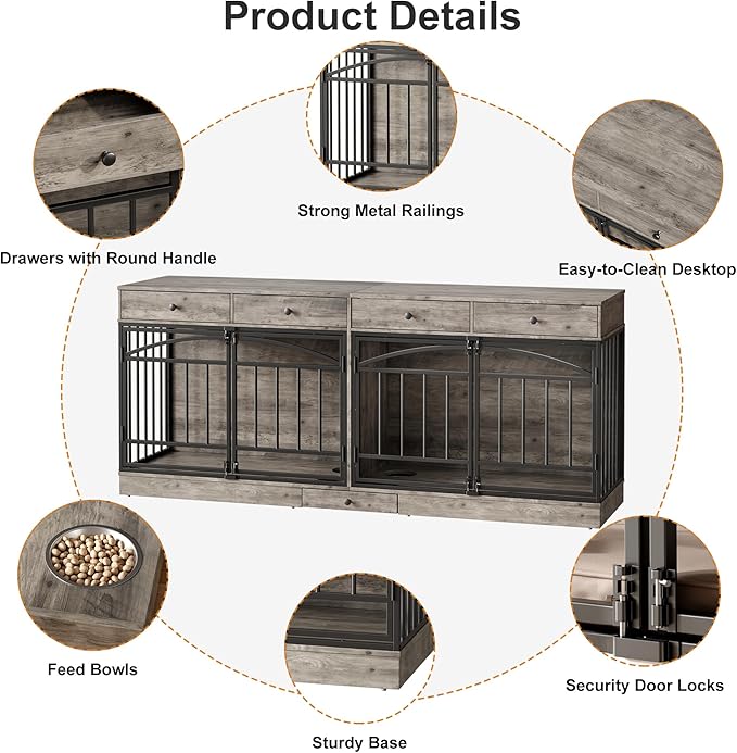 IDEALHOUSE 78.7" Double Dog Crate Furniture with Storage and 4 Doors, Dog Kennel Indoor with Feeding Bowls, Wood Dog Crate TV Stand for Small Medium Dogs, Grey