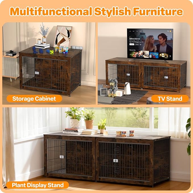 Furniture Style Dog Crate, 43" Wooden Dog Kennel End Table with Solid Top, Indoor Pet Crate House with Secure Slide Lock, Modern Dog Cage Furniture for Small & Medium Dogs, Aged Black