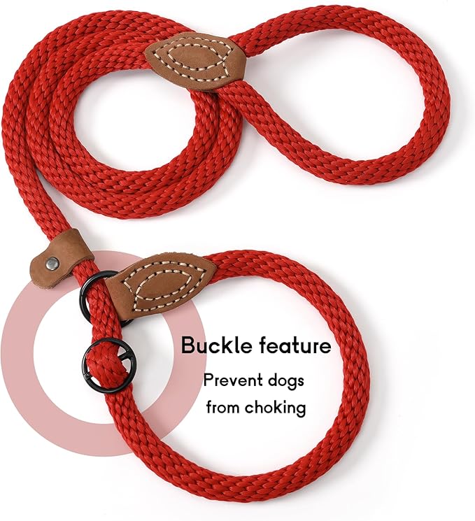 Mile High Life Slip Leads for Dogs | Heavy Duty Dog Training Leash | 5 Feet No Pull Slip Leashes w Leather Tip | Red Rope Lead for Dogs Outside
