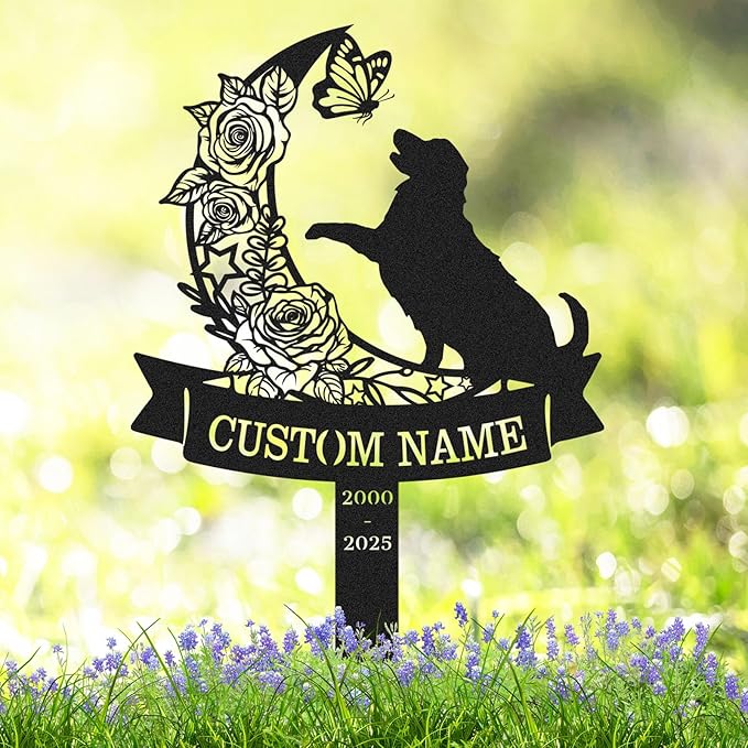 Custom Golden Retriever Dog Memorial Stake Personalized Flowers Moon Dog Memorial Grave Marker Metal Garden Stake, Customized Pet Name Burial Stake Sympathy Gift Dog Loss Memorial Sign