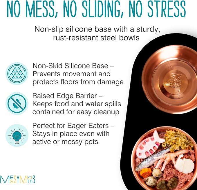 Messy Mutts Double Silicone Feeder with Copper-Colored Stainless Bowls | Non-Skid Food Dishes for Dogs for All Pets | Dog Food Bowls | Large, 3 Cups Per Bowl | Black
