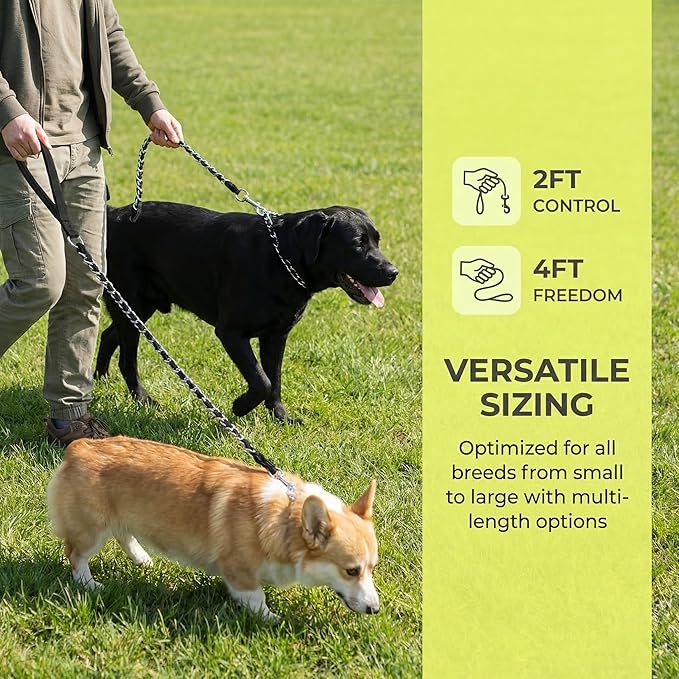 Chew Proof Metal Dog Leash with Built-in P-Chain Collar - 2FT/4FT for Small/Medium/Large Dogs (30-150lb), Anti-Bite Chain Link with Soft Padded Handle, 360° Rotating Clasp Black