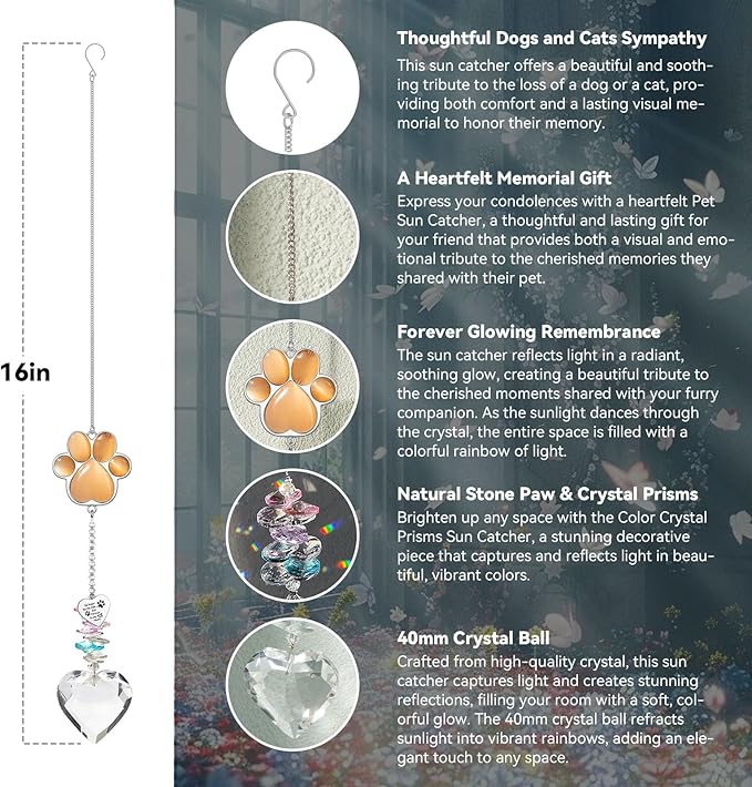 Pet Memorial Suncatcher - Dog Memorial Gifts, Pet Loss Sympathy, Thoughtful Dogs and Cats Bereavement Remembrance Gifts, Natural Cat's Eye Paw Crystal Suncatcher(Orange Red)