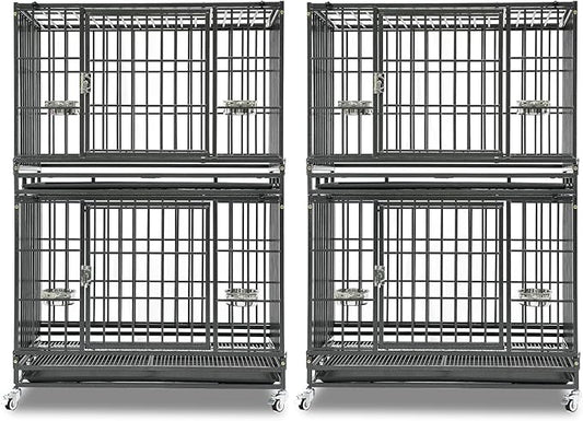 Homey Pet Two Tiers 37 Inch Dog Crate Cage Kennel with Feeding Bowls, Lockable Wheels and Removable Tray, Escape Proof Metal Wire Heavy Duty Dog Crates for Medium/Small Sized Dogs (2 Pack)