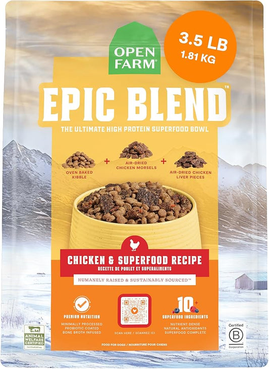 Open Farm, Epic Blend High Protein Dry Dog Food, Probiotic Coated & Bone Broth Infused Kibble with Air Dried Meat & Organs, Minimally Processed & Nutrient Dense, Chicken & Superfood Recipe, 3.5lb Bag