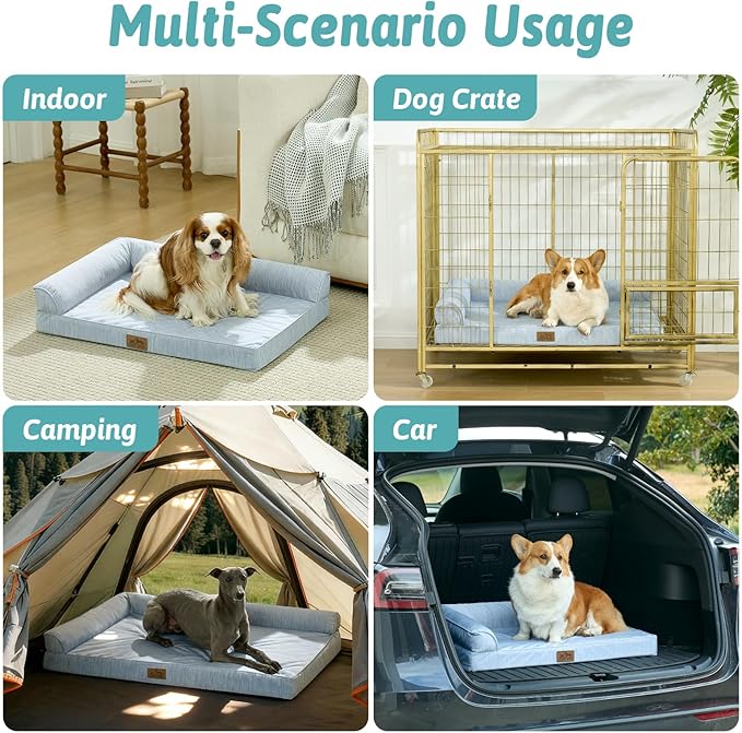 Cooling Dog Bed, Orthopedic Foam Dog Bed with Sides, Removable Cover & Waterproof Lining and Nonskid Bottom, Comfortable Pet Beds for Dogs, Blue (48" L x 32" W x 7.5" Th)