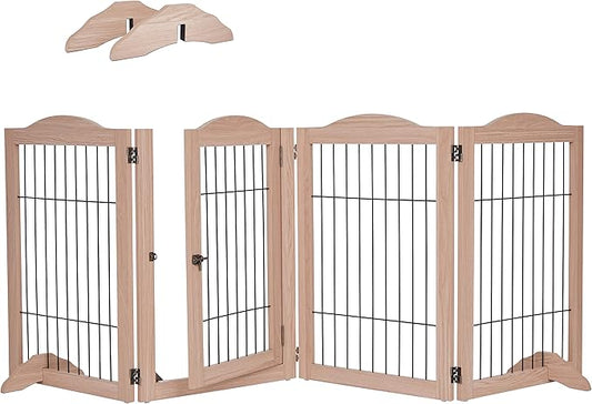 Arf Pets Dog Gate with Walk Through Door, 4 Panel 360° configurable Freestanding Wooden Wire Fence, 80" Wide, 31.5" Tall, Foldable, Support Feet Included, for The House - Indoor Use