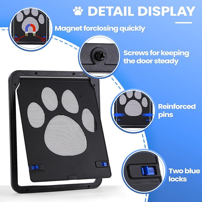 Cat Door for Screen Door, Small Dog Screen Door, Magnetic Flap Doggy Door for Sliding Door, Lockable Cat Screen Door, 10”*8”*0.5 Inch