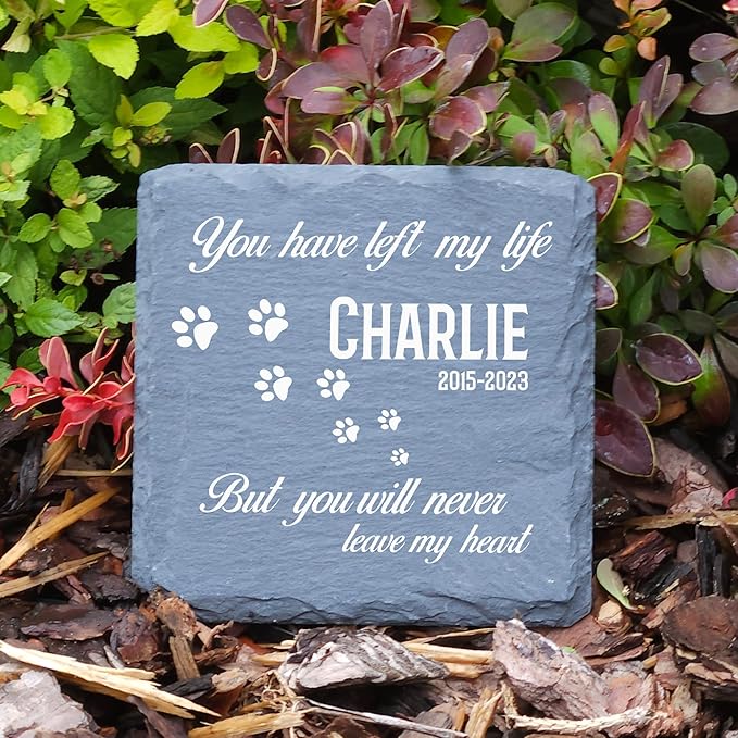 Personalized Individual Square Memorial Plaque + Stand for Pet Cat Dog Slate Stone Frame Paw Grave Marker - Size 3.94" x 3.94" or 100 x 100 mm - You Have Left My Life…