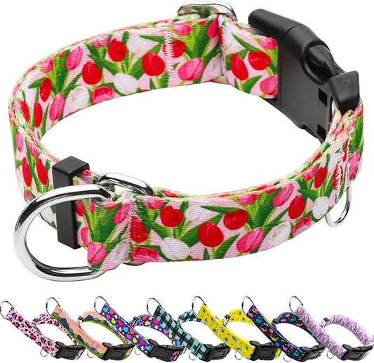 Martingale Collar for Dogs with Buckle Floral No Pull Adjustable Nylon Limited Slip Training Dog Collars (Pink Tulip, Small)