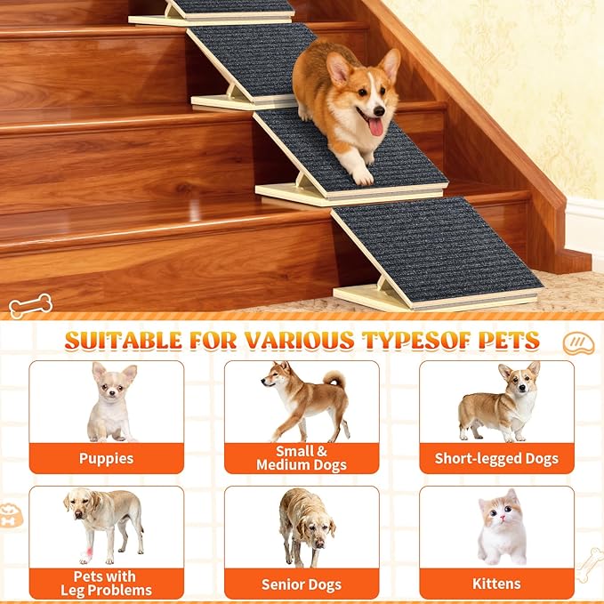 TNELTUEB 2 Pack Upgraded Dog Ramps for Stairs, Adjustable Stair ramp for Dogs,Portable Dog Stairs with Mat for Small Dogs and Cats, Non-Slip Pet Steps for Elderly or Injured Pets