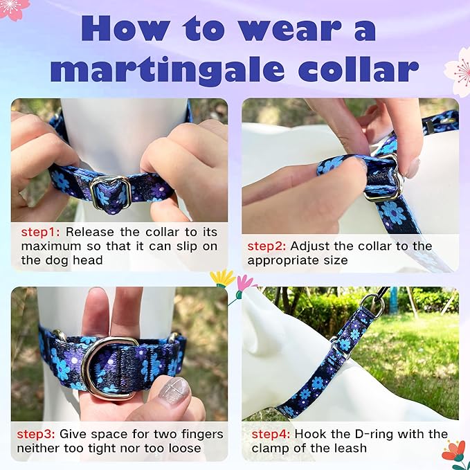 Hikiko Martingale Collar for Dogs with No Buckle Floral Dog Collars Soft Nylon No Slip Dog Collar for Medium Dog,Navy Blue Flower,M