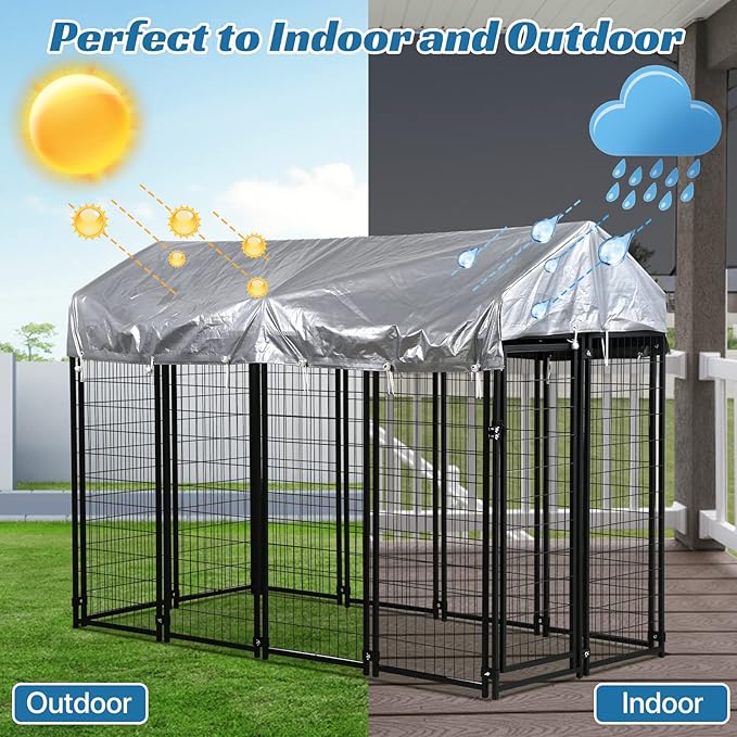 Large Dog Kennel Outdoor 8'L x 4'W x 6'H, Extra Large Welded Wire Pet Cage Playpen with UV Protection Waterproof Roof Heavy Duty Galvanized Metal Dog Run Enclosure for Outside