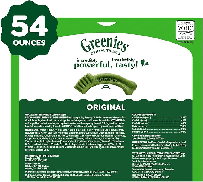 Greenies Veterinarian-Recommended Adult Natural Dental Dog Treats Regular Size, Dog Dental Chews, Original Flavor, 54 oz. Pack, 54 Count